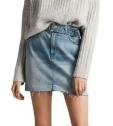 ALLSAINTS Denim Mini Skirt Bette Buckle Raw Hem Belted Blue Women’s Size US 6