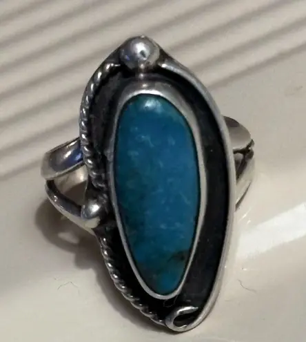 Navajo Southwestern Large Oval Turquoise Braided Tear Drop Ring size 7 Silver