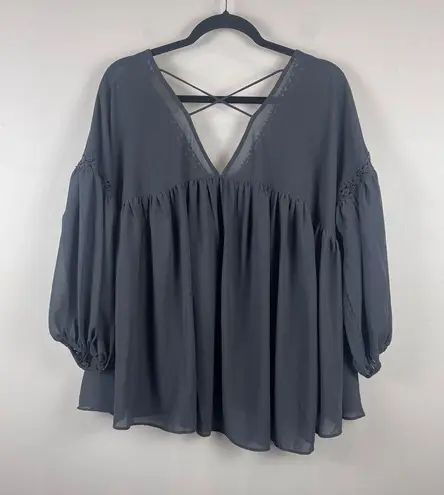 Les Soeurs Top Women Small Gray Crochet Lace Puff Sleeve Whimsygoth Fairy Grunge