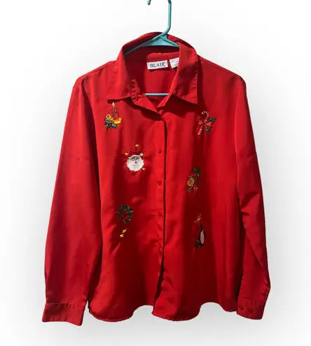Blair Red Blouse Top Long Sleeve Christmas Embroidered Patches Size Medium