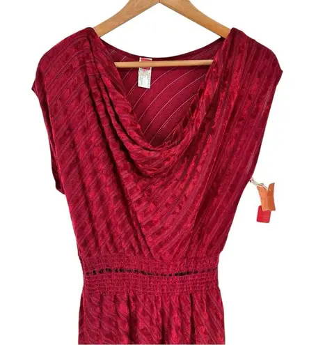 70’s Vintage Ruby Drape Neck Midi Dress Velvet Stripe Red Size XS