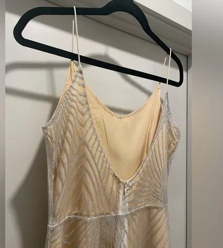 Beige Cream & Silver Glittery Art Deco Patterned Overlay Sleeveless Dress