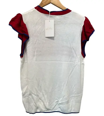 ENDLESS MOON Knit USA Flag Stretch Shirt Sz M Ruffle Sleeve July 4 Patriotic NEW White Size M