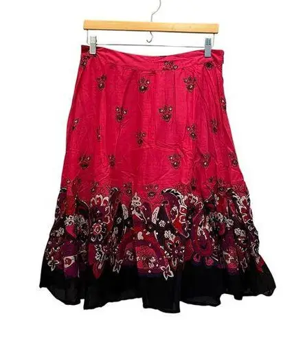 ING Cotton Fuchsia Pink Black Paisley Midi Skirt Sz M Sequins Side Zip Lined NEW Size M