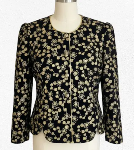 80s Vintage Black Velvet Gold Metallic Brocade Embroider USA Made Jacket Size 14