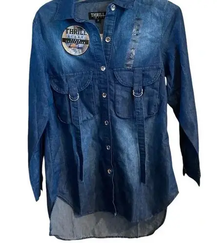 Thrill blue jean button down casual western d ring strap pocket dress shirt Size M