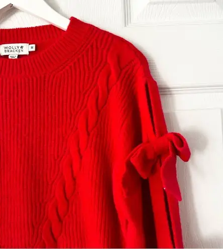 Molly Bracken Holiday Red Open Slit Bow Trim Sleeve Cable Knit Sweater Medium