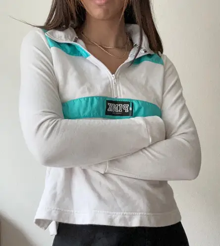 PINK Quarter Zip Pullover Sweatshirt Athletic Long Sleeve Top White Teal xS