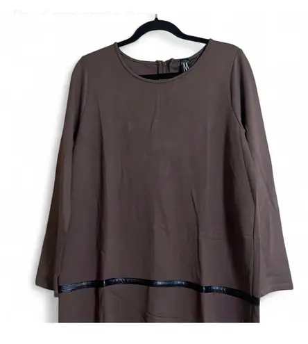 MarlaWynne Dress Sz L Shift Brown Long Sleeves Faux Leather Trim Closet Staple