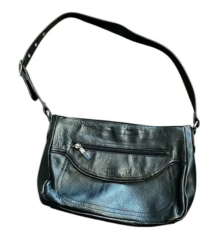 Stone & Co black leather shoulder bag with red and pink interior.