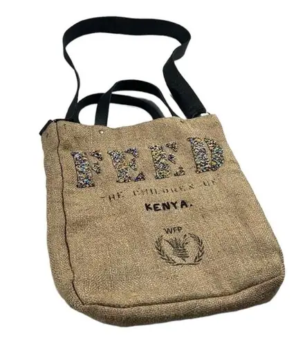 π FEED Kenya Africa Bag | Beaded Burlap Reversible Tote | WFP Artisan Crossbody Tan