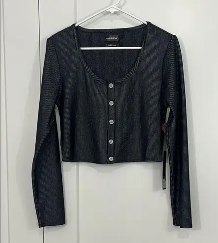 New Carbon38 Medium Black Metallic Ribbed Long Sleeve Shimmer Cropped Cardigan