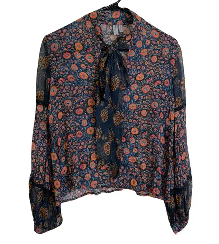 Blink London Floral Blouse Womens XXS Tie Neck Multicolor Balloon Sleeve Sheer