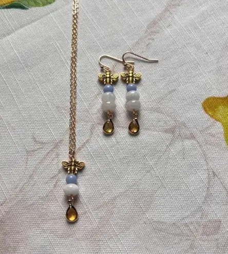 Bee Jewelry Set, White Jade Honey Amber Citrine Blue Jade Teardrop Fun Gift Set