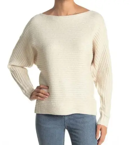 Lush New Ribbed Boat Neck Sweater Off The Shoulder Long Sleeve Cream Gold