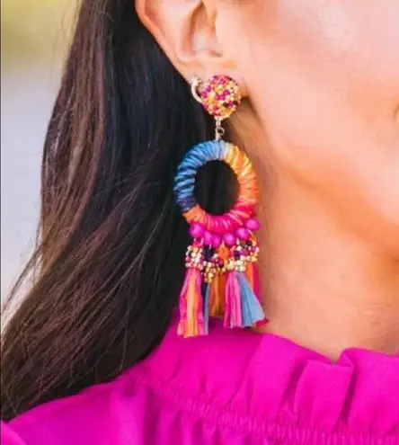 NEW! BOHO Silver & Rainbow Fringe Tassel Earrings Red