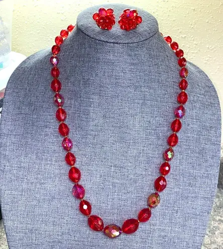 Monet Vintage 1960s Hong Kong Iridescent Red Acrylic Bead Necklace & Clip-On Earrings