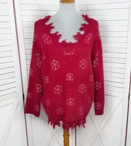 Grace & Emma Snowflakes Fuzzy Distressed Fringe Trim V Neck Sweater Red Small