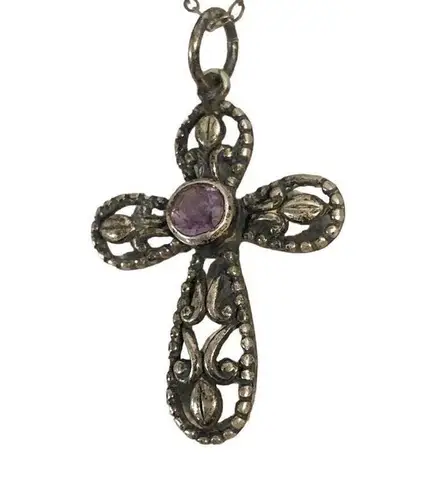 Vintage 18.5" 925 Sterling Silver Cross Dainty Necklace with Amethyst Stone Purple