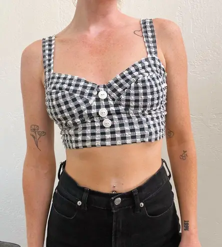 Vintage 1990's Black White Seersucker Gingham Balcony Swim Crop Top Size 10