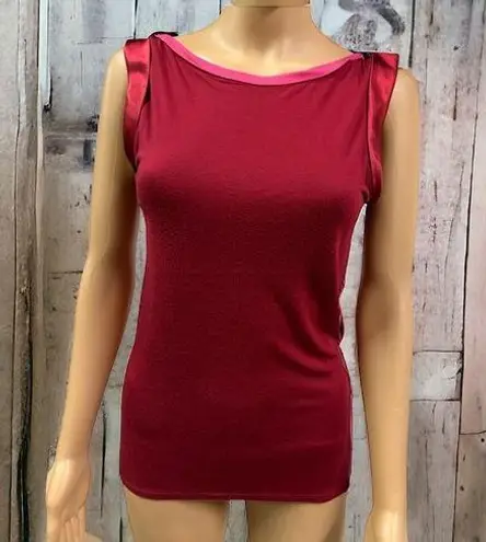 T Tahari Tahari Red Boat Neck Multi Color Tee Satin Sleeve Top Women’s Small