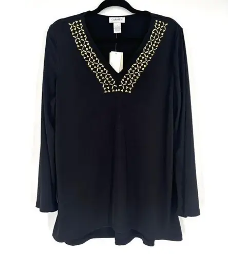 Carmen Marc Valvo NWT Women's V Neck Studded Tunic Blouse Black Gold Size Large