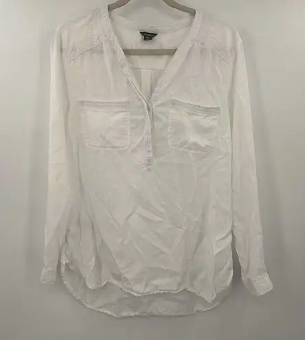 Eddie Bauer  White 100% Tencel V Neck Button Long Sleeve Top Sz Large