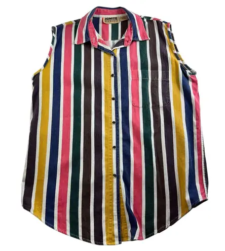 90s Vtg L Large Striped Button Up Shirt Sleeveless Grunge Boho Streetwear Hippie