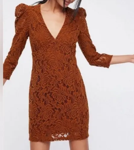 Free People  Dana’s Bodycon Textured Lace Dress in Rust Brown Size XS