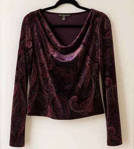 Briggs New York Womens Petite M Velvet Paisley Print Long Sleeve Cowl Neck Top
