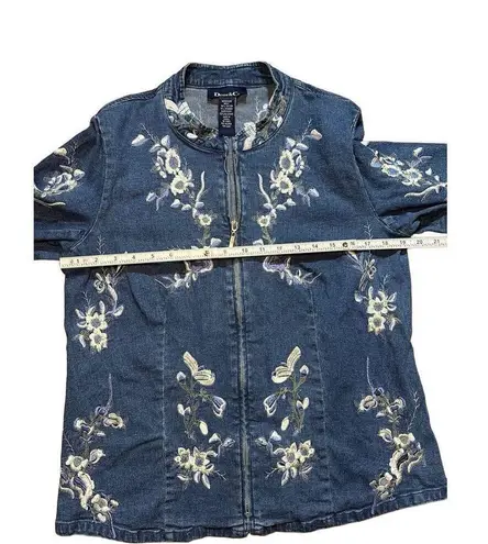 Vintage Denim & Co floral embroidered denim zip up jacket sz M womens cottagecor Blue Size M