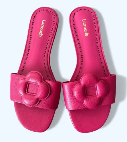 Larroudé Floral Flat Slide Sandals Hot Pink Leather Women’s Size 8 Chic Feminine