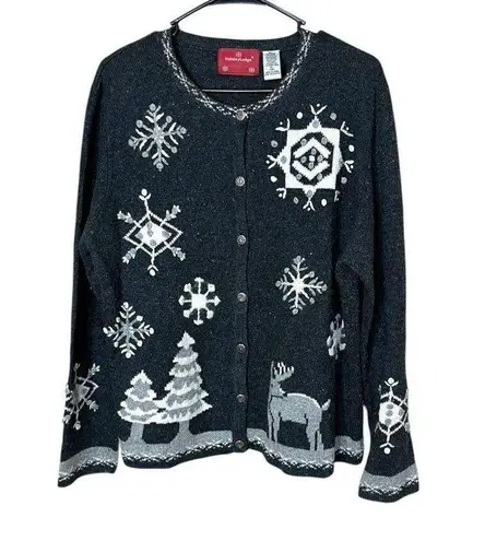 Holiday Lodge by Northcrest Christmas Snowflakes Deer Cardigan Sweater XL Gray
