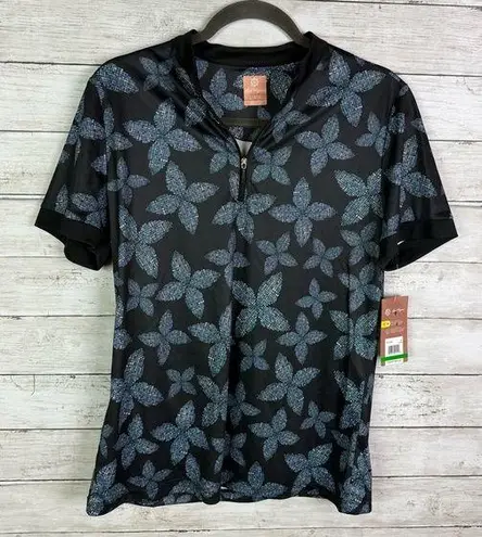 Ben Hogan Pixel Floral Short Sleeve 1/4 Zip Polo Top Size Large Black