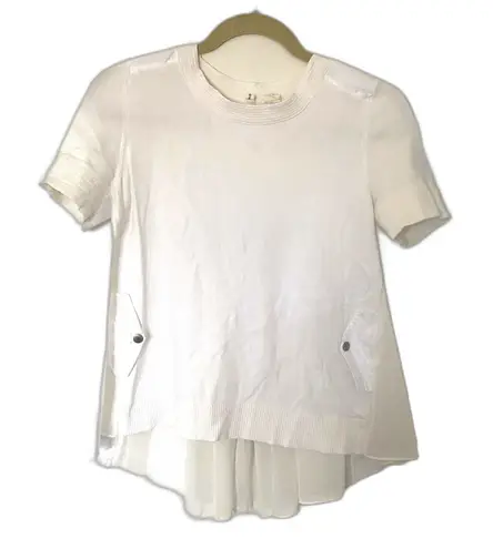 Anthropologie Moth Knit Chiffon Blend High Low Top Faux Pockets Pleated Back XS White - Image 1