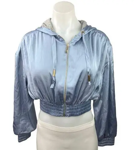 ZARA  Blue Silky Satin Zip Up Activewear Long Sleeve Crop Hooded Bomber Jacket XS