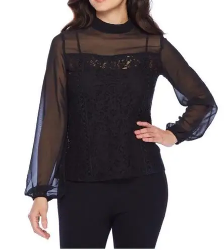 Bold Elements Black lace design high neck long sheer sleeves top never worn