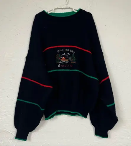 Vintage 80s Navy Blue Wool Embroidered Only For Boys Adventure Sweater Womens XS