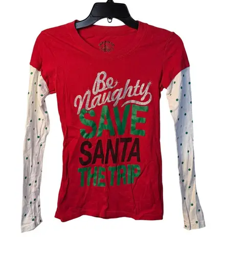 Wound Up Womens Small Christmas Long Sleeve Shirt Funny “Be Naughty” Holiday Tee