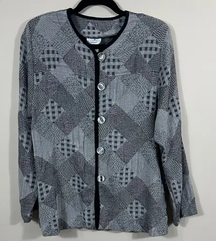 Caribe USA Gray Black Patchwork Knit Button Front Cardigan Jacket Women Medium