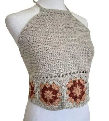 New Crochet Crop Top Size S Handmade Beige Red Halter Neck Boho Festival Hippie