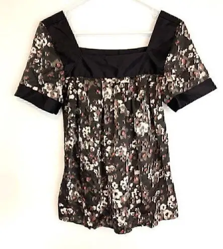 Apostrophe Brown Tan Coral Pink Floral Satin Square Neck Short Sleeve Blouse S