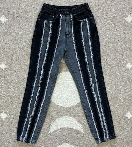 The Ragged Priest Vertical Frayed Black & Gray High Waisted Mom Jeans Size 26