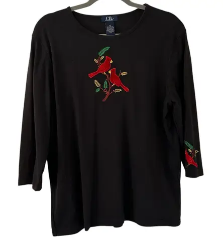 Vintage Black Cardinal Bird Design Top Shirt Velvet Detail Women’s Size Large/XL