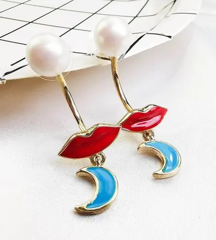 Red Lips Moon Pearl Stud Drop Earrings Gold