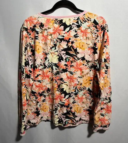 Garnet Hill Floral Long Sleeve Top Organic Cotton Pink Trim Floral Boho Office L