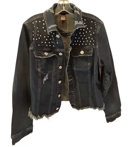 None Jean Jacket Women's Size 12 Blue Denim Jacket Pearl Studded Frayed Hem