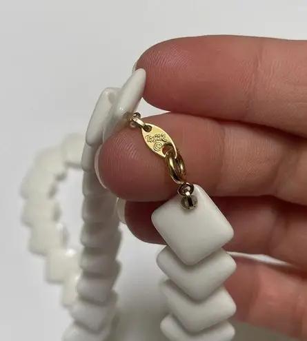 Trifari Signed White Plastic Beads Necklace Gold Tone Clasp