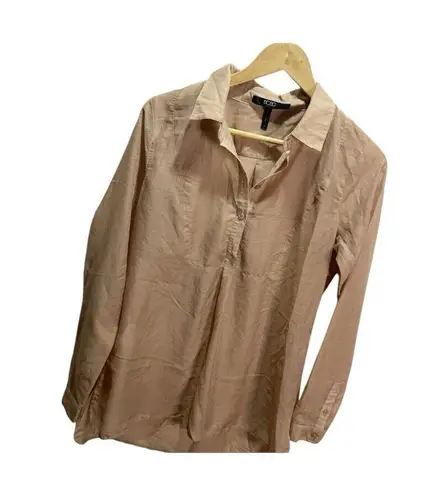 BCBG Paris Tan Sheer Henley Blouse S Career Casual Flowy Y2K Brown