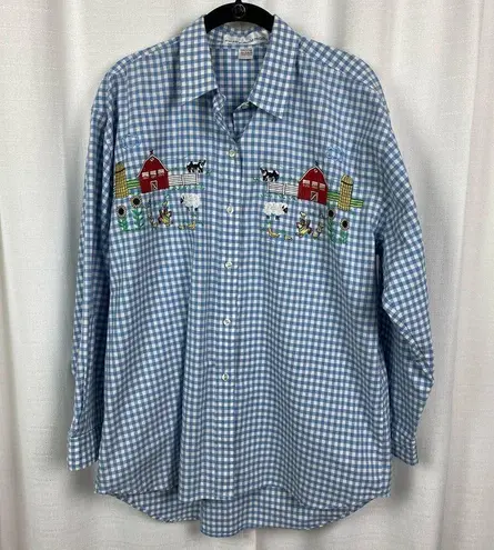 Casey Coleman Vintage Blue Gingham Embroidered Farm Scene Button Up Blouse Sz.M Size M